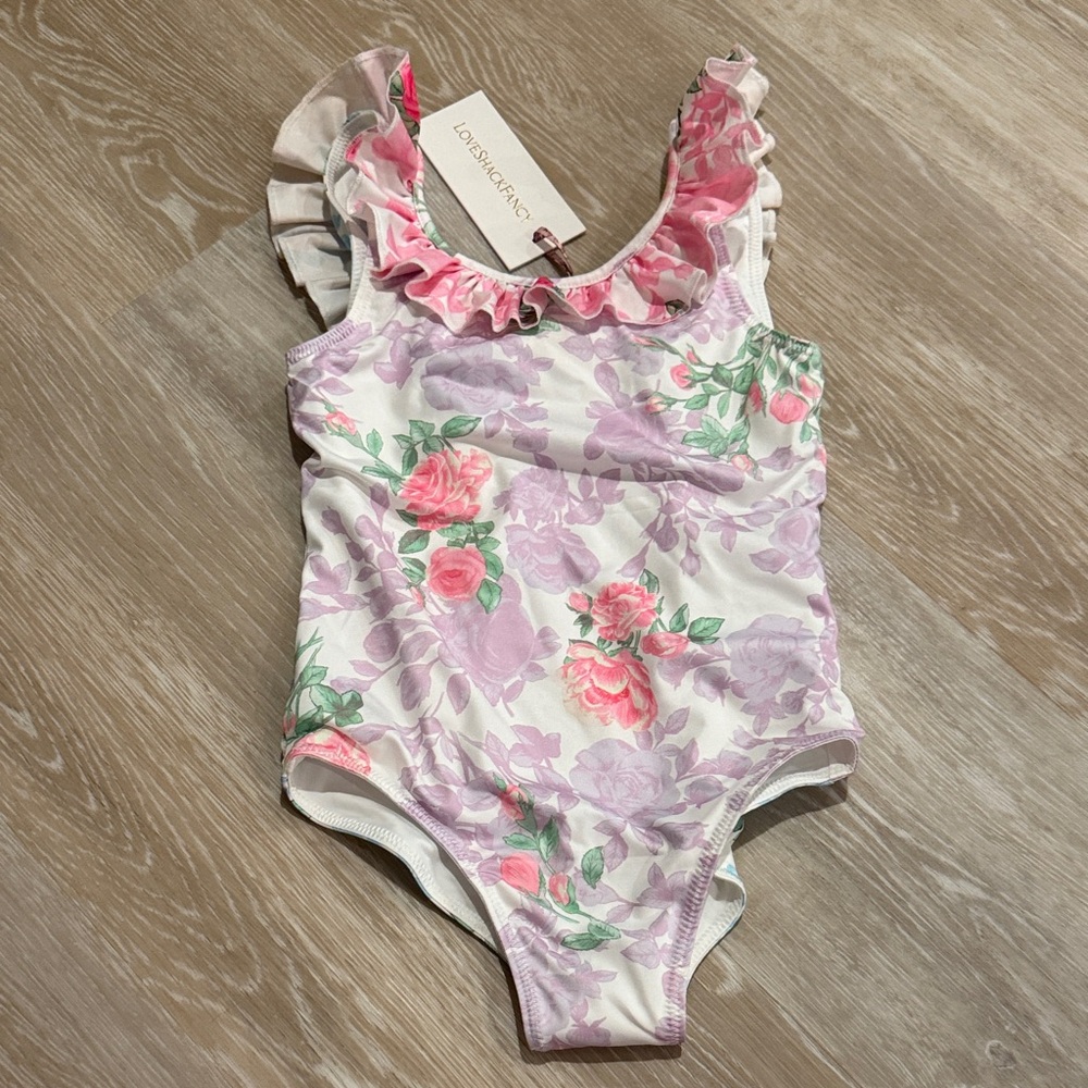 LoveShackFancy Pink and Purple Floral Kids Swimsuit